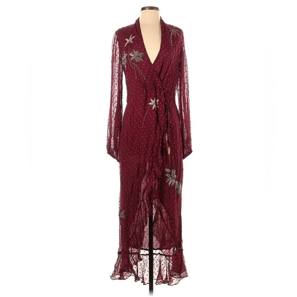 NWT Rococo Sand Embellished Maxi Dress S Maroon Beaded Boho Fall Wedding Gown